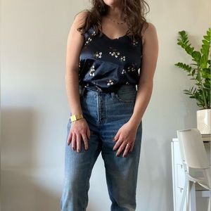 Navy silk tank top with floral pattern